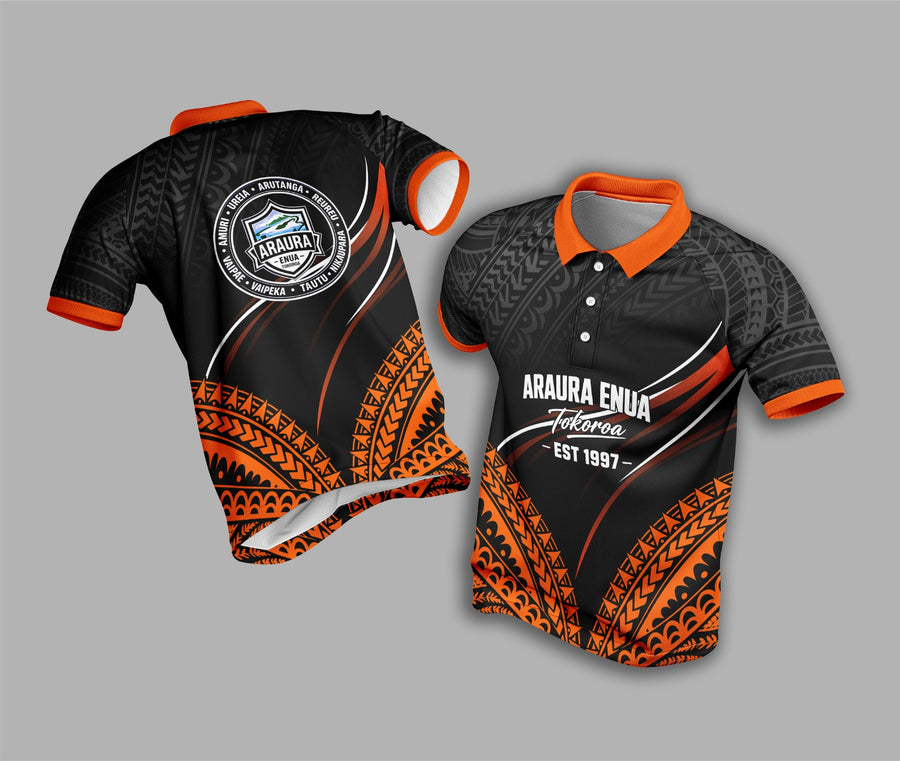 Araura Enua Tokoroa Polo – Ember Black (Orange Collar)