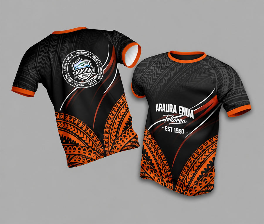 Araura Enua Tokoroa Tee – Ember Black (Orange Ribbed Neck)