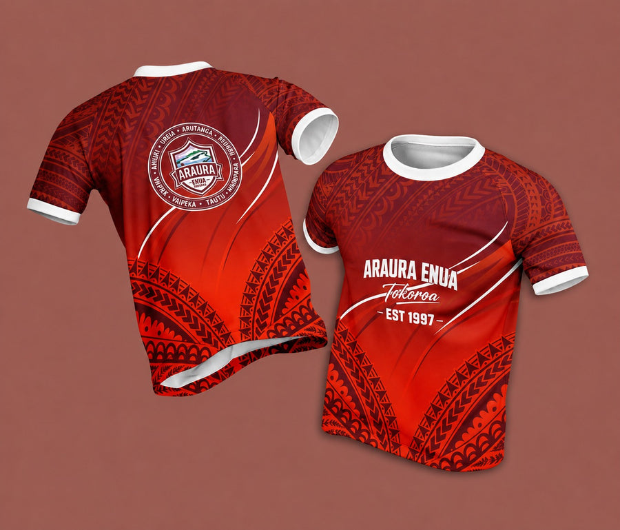 Araura Enua Tokoroa Tee – Crimson & Black (Round Neck)