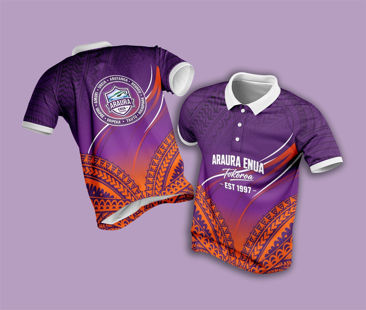 Araura Enua Tokoroa Polo – Sunset Purple (Orange Collar)